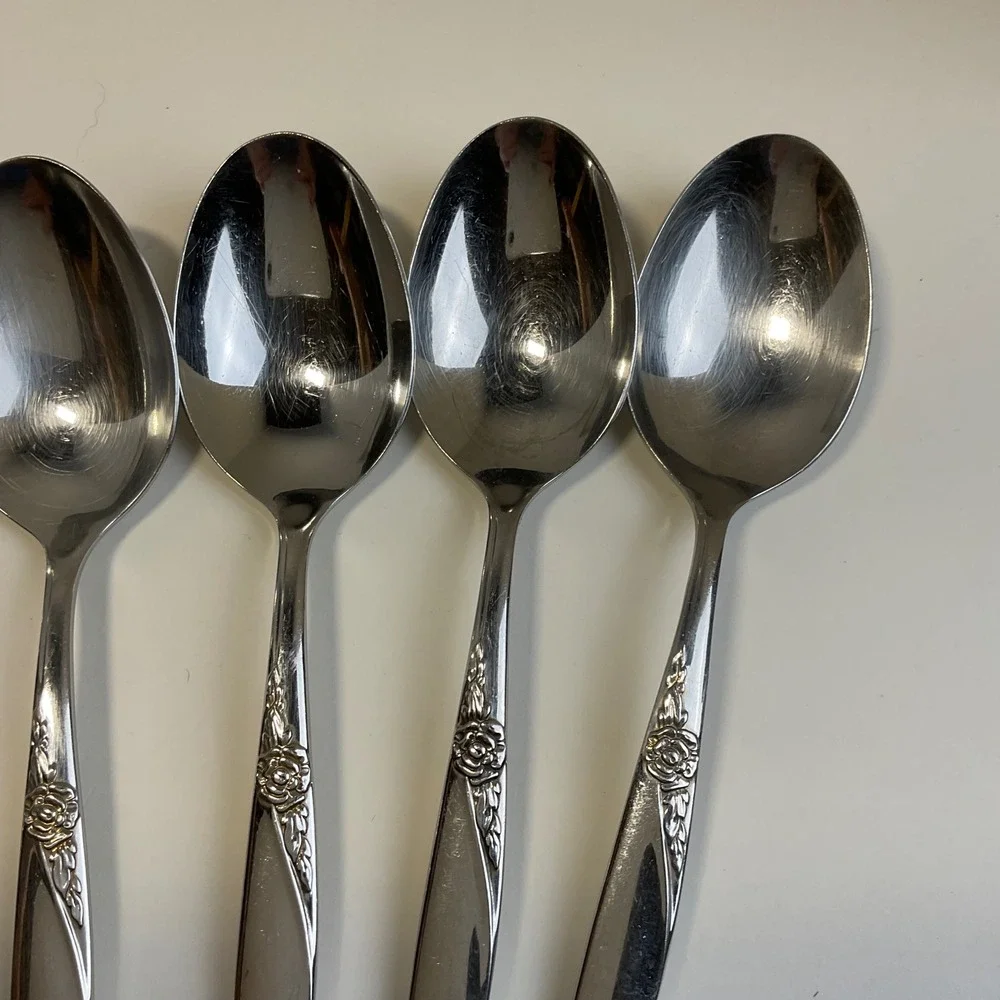 Oneida Wm A Rogers La Rose Soup Spoons Vintage Stainless Steel Set of 6 Floral